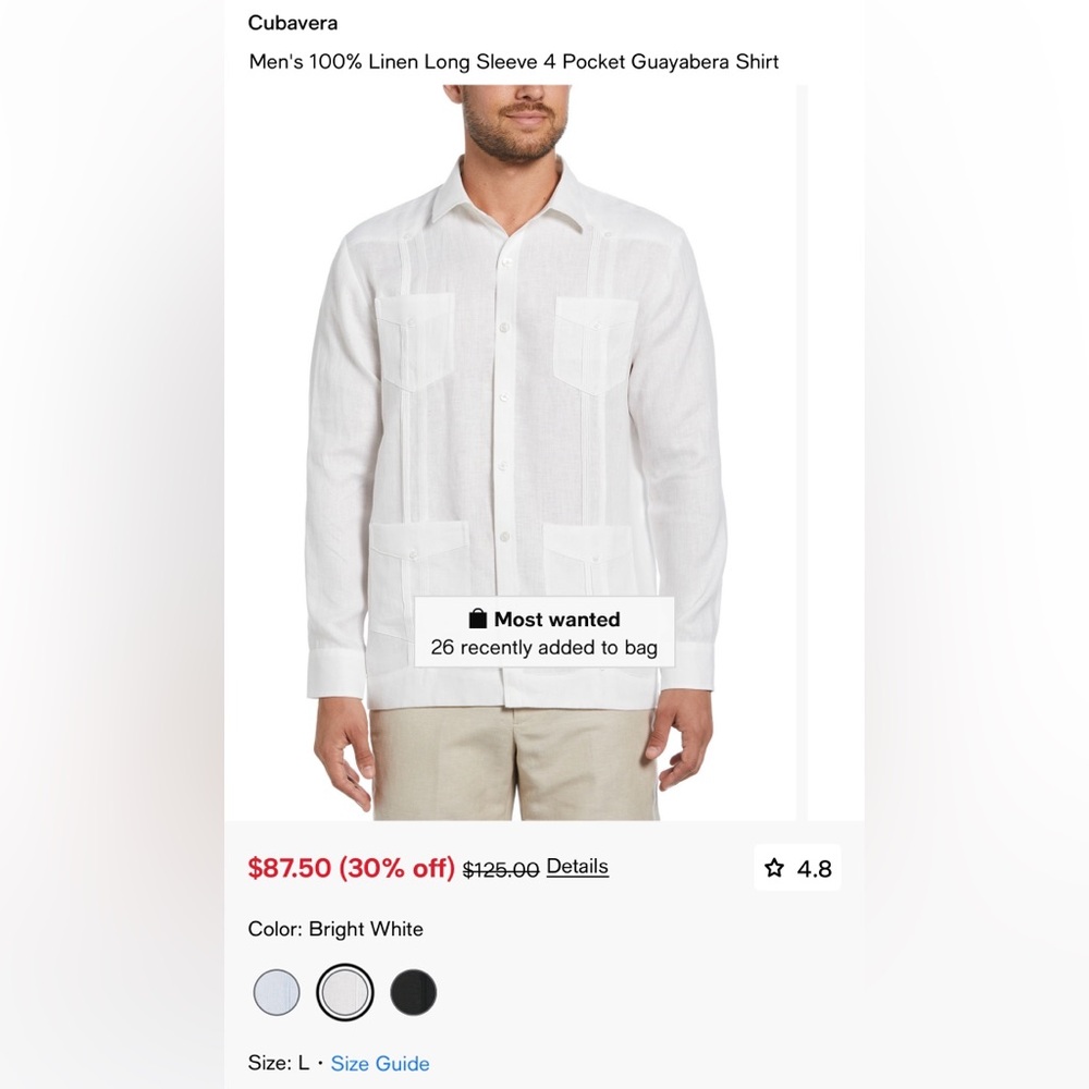 Cubavera White Linen Guayabera Shirt, size L
